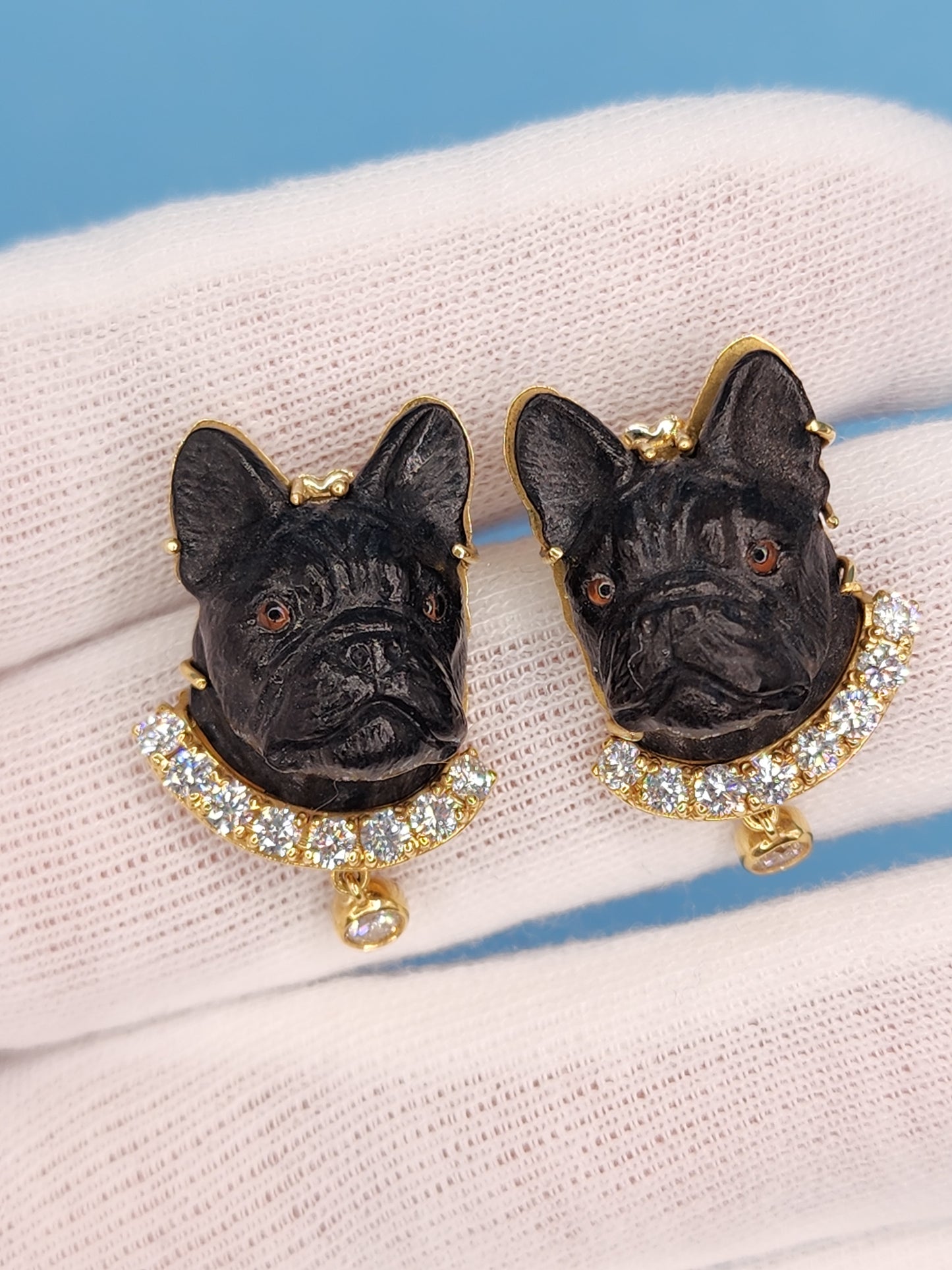 Black Carved French Bulldog Earrings with Diamonds in 18k Yellow Gold