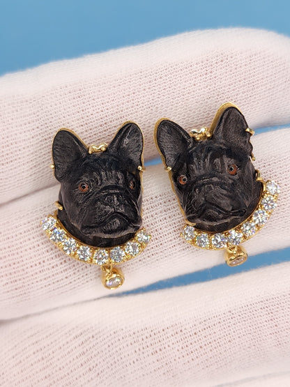 Black Carved French Bulldog Earrings with Diamonds in 18k Yellow Gold