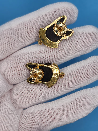 Black Carved French Bulldog Earrings with Diamonds in 18k Yellow Gold