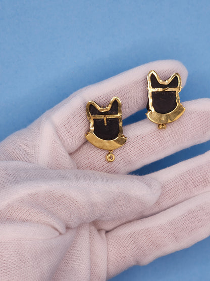 Black Carved French Bulldog Earrings with Diamonds in 18k Yellow Gold