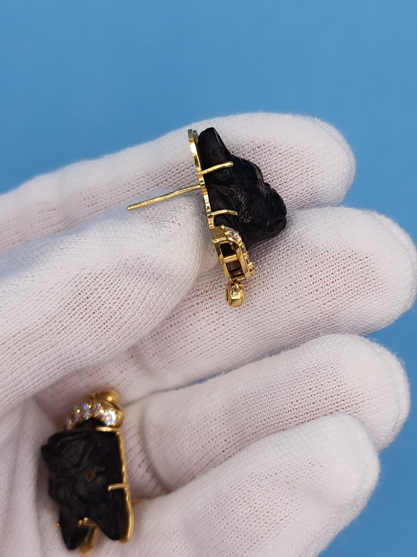 Black Carved French Bulldog Earrings with Diamonds in 18k Yellow Gold