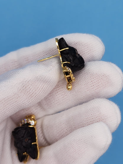 Black Carved French Bulldog Earrings with Diamonds in 18k Yellow Gold