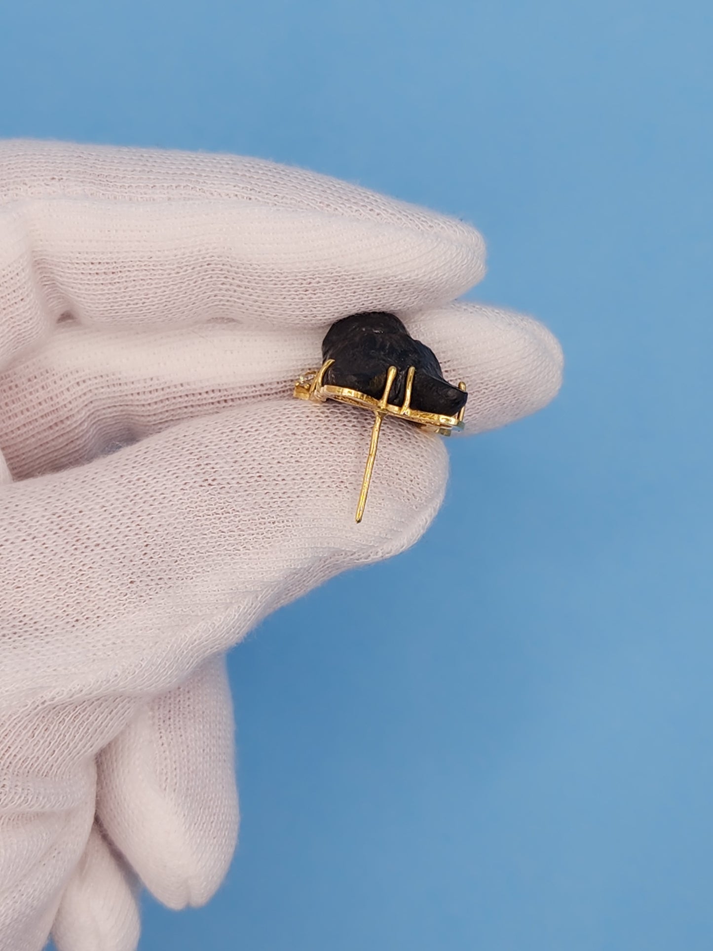 Black Carved French Bulldog Earrings with Diamonds in 18k Yellow Gold