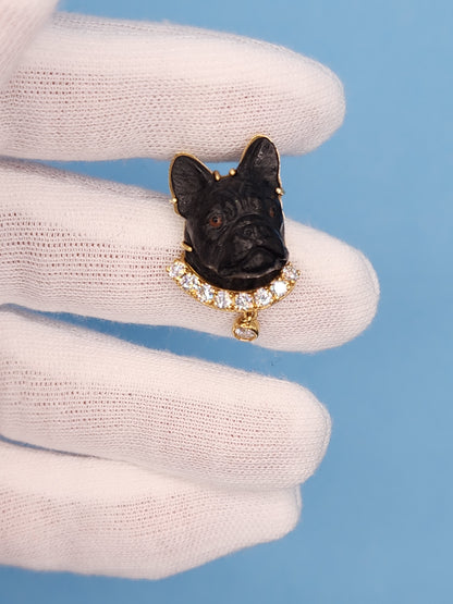 Black Carved French Bulldog Earrings with Diamonds in 18k Yellow Gold