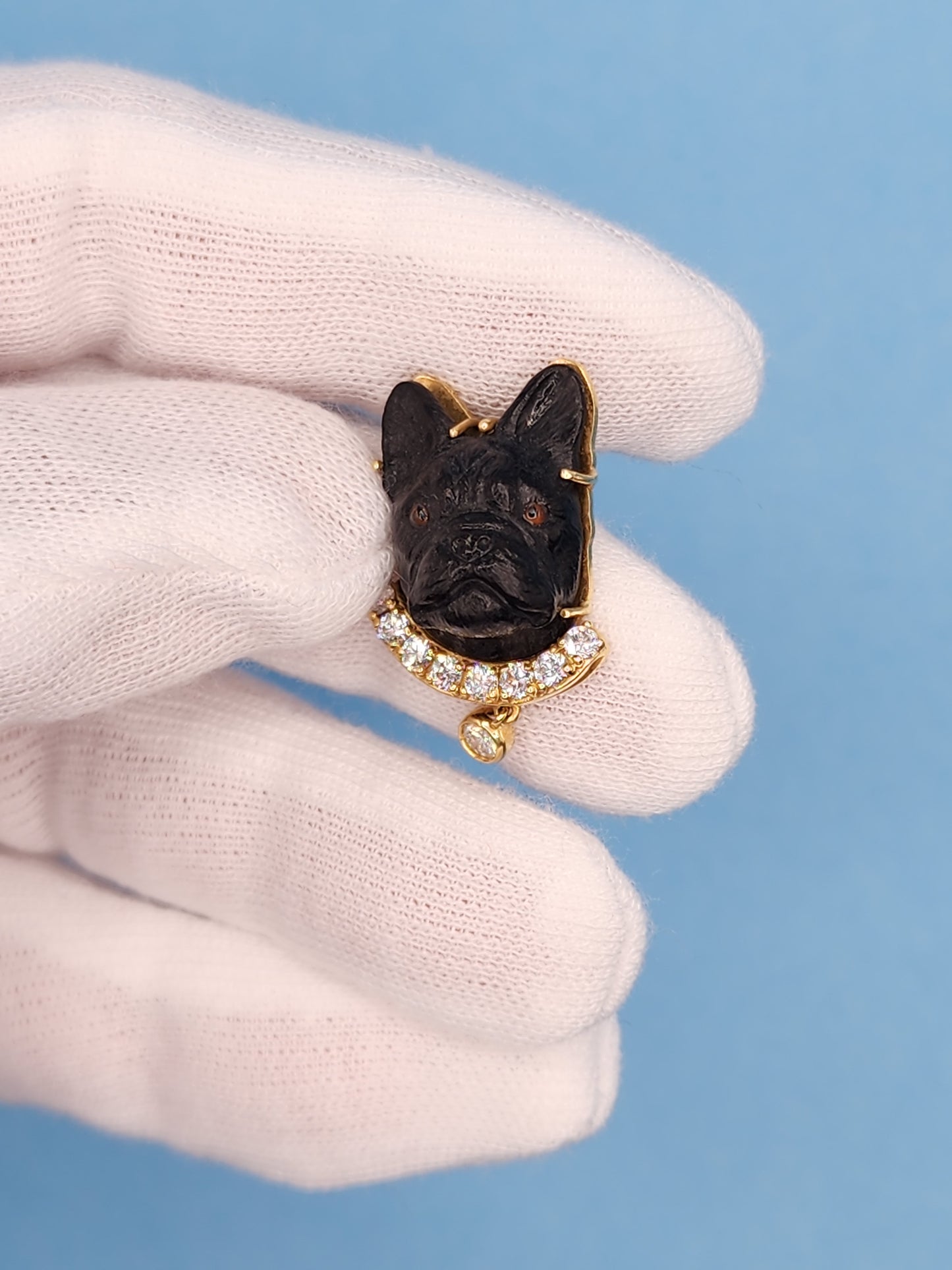 Black Carved French Bulldog Earrings with Diamonds in 18k Yellow Gold