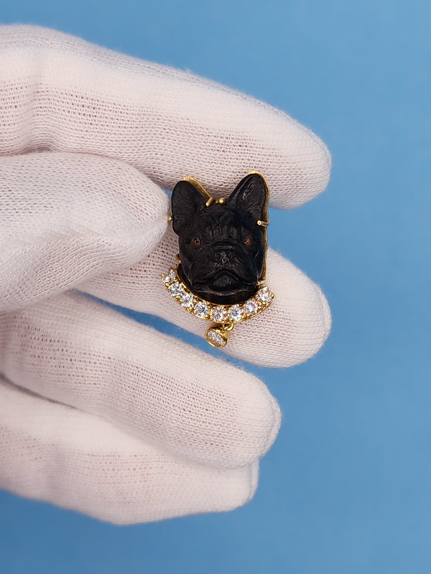 Black Carved French Bulldog Earrings with Diamonds in 18k Yellow Gold