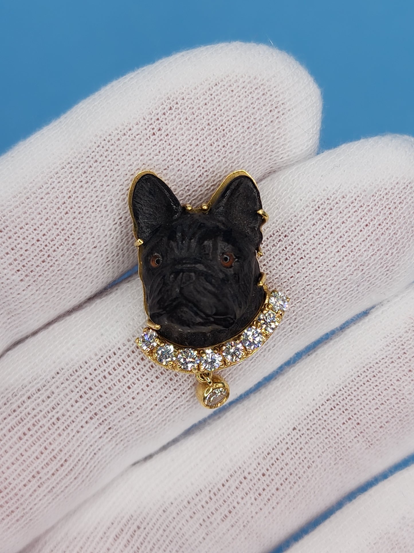 Black Carved French Bulldog Earrings with Diamonds in 18k Yellow Gold