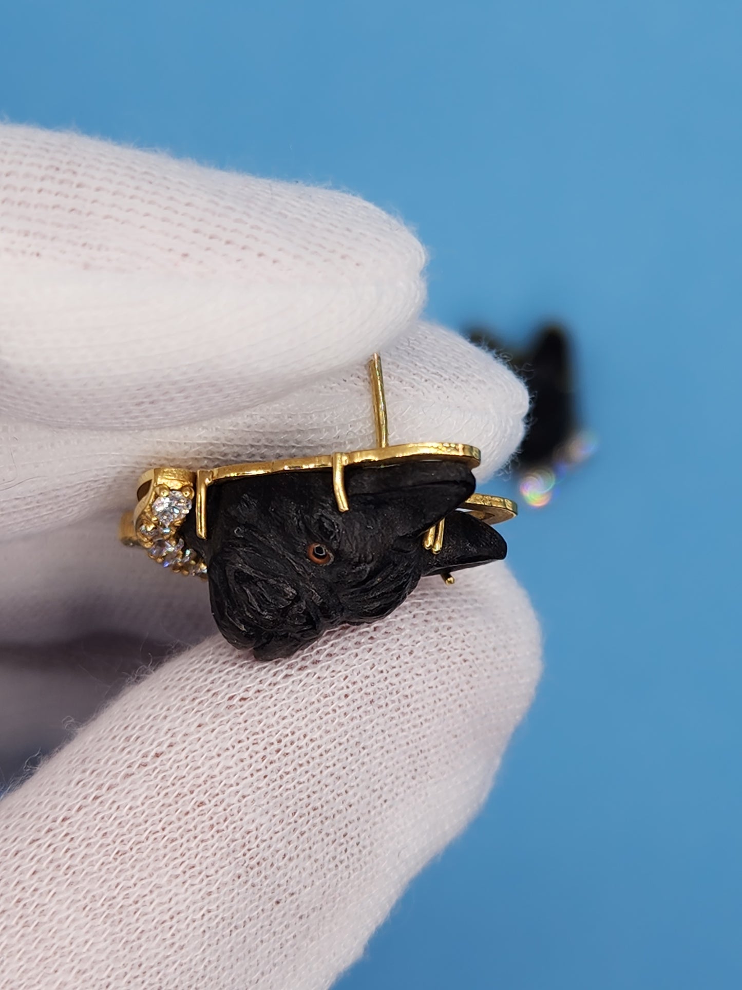 Black Carved French Bulldog Earrings with Diamonds in 18k Yellow Gold