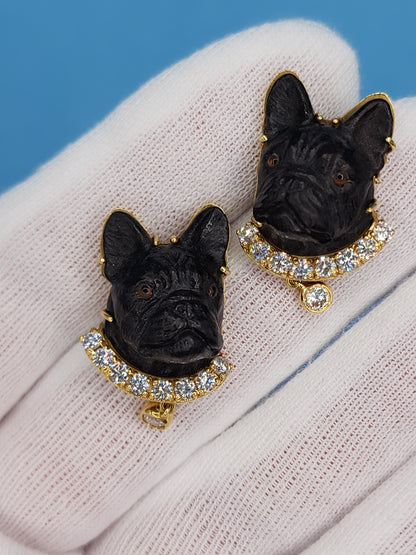 Black Carved French Bulldog Earrings with Diamonds in 18k Yellow Gold