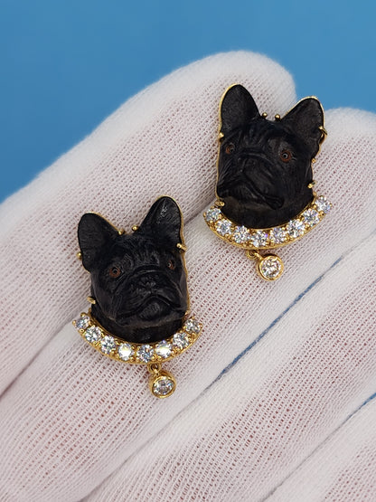 Black Carved French Bulldog Earrings with Diamonds in 18k Yellow Gold