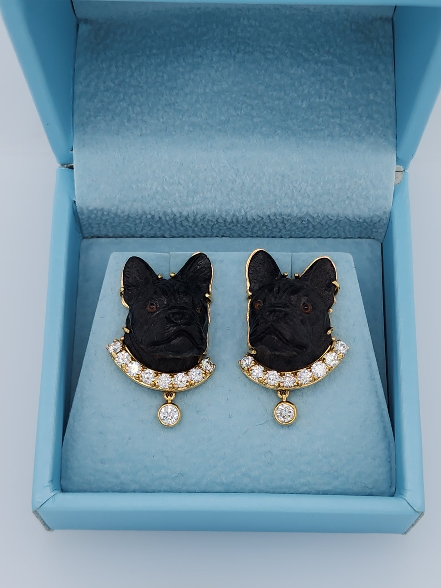 Black Carved French Bulldog Earrings with Diamonds in 18k Yellow Gold