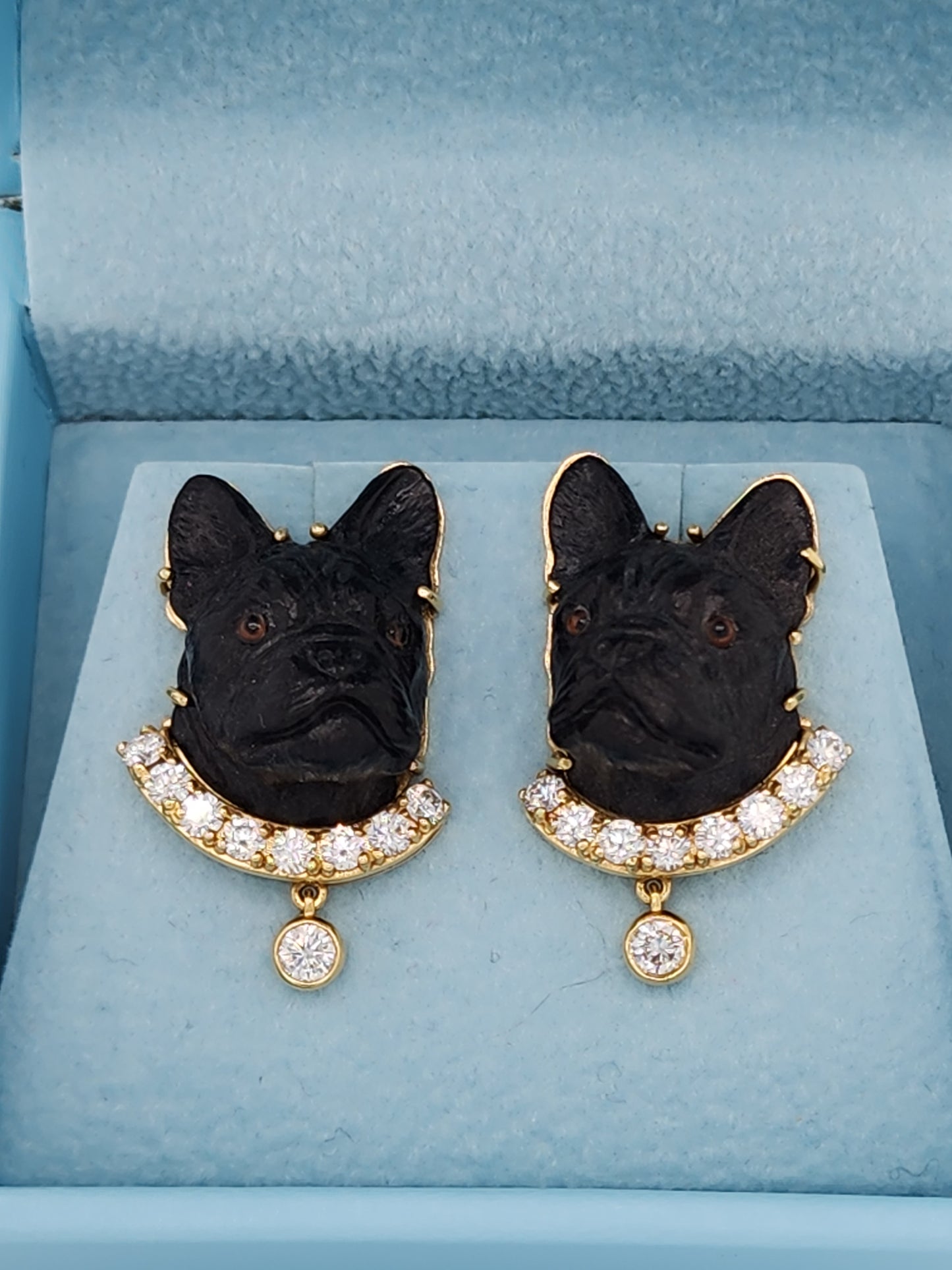 Black Carved French Bulldog Earrings with Diamonds in 18k Yellow Gold