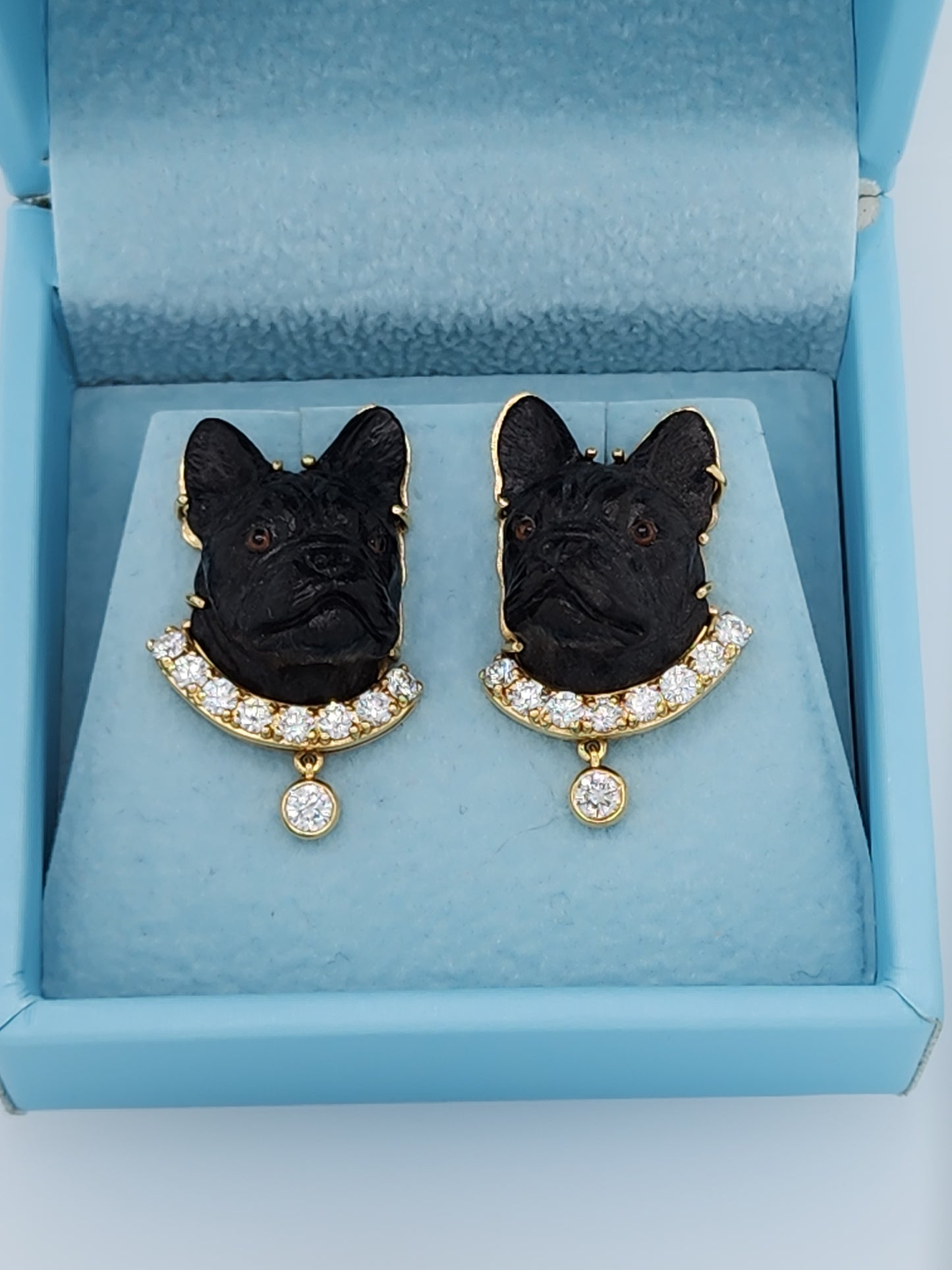 Black Carved French Bulldog Earrings with Diamonds in 18k Yellow Gold