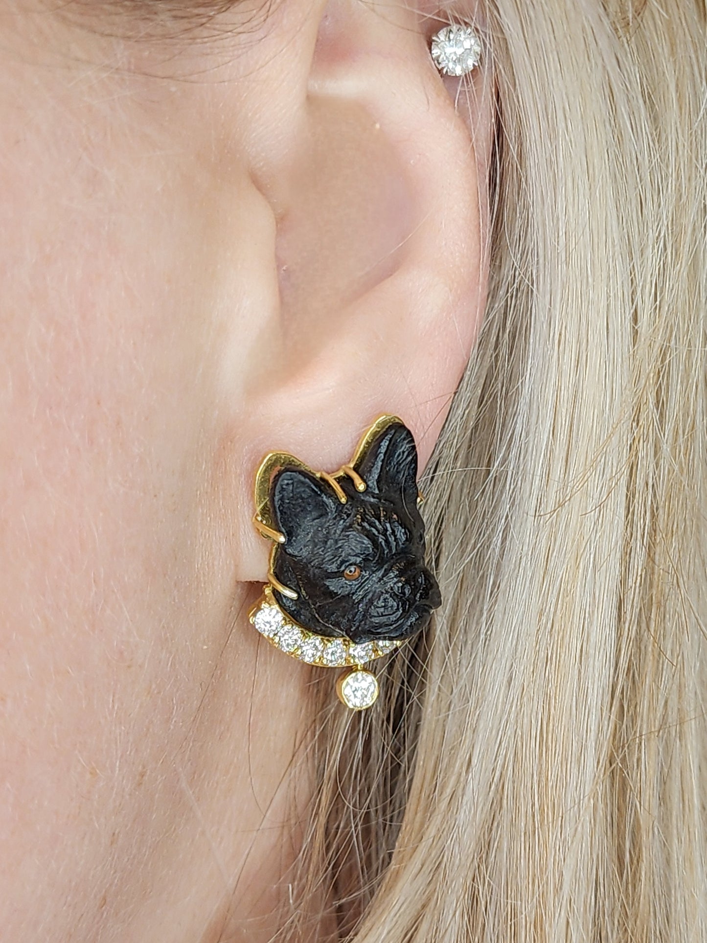 Black Carved French Bulldog Earrings with Diamonds in 18k Yellow Gold