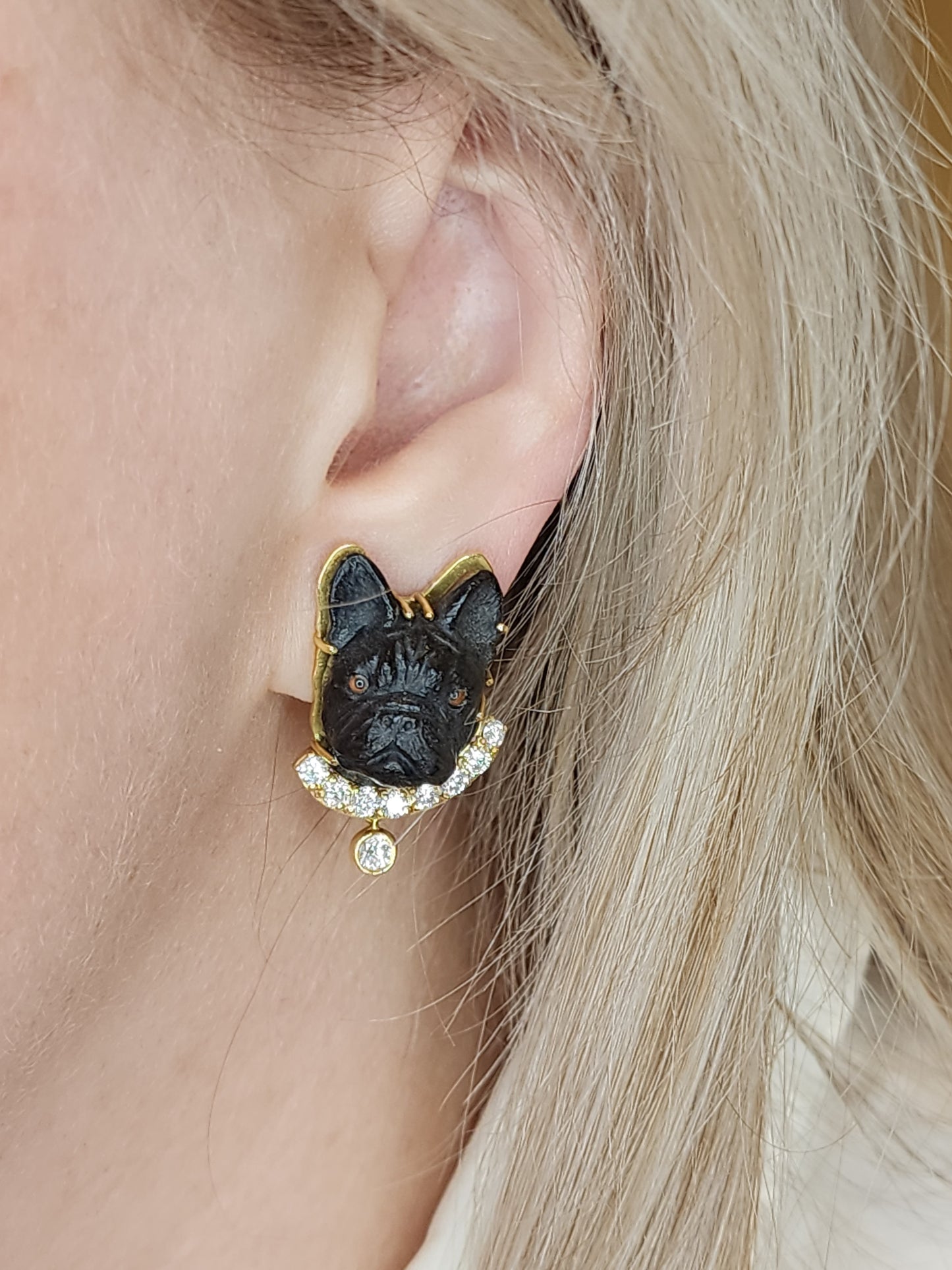 Black Carved French Bulldog Earrings with Diamonds in 18k Yellow Gold