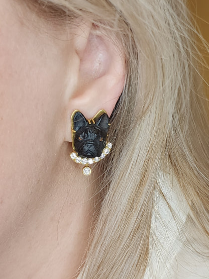 Black Carved French Bulldog Earrings with Diamonds in 18k Yellow Gold