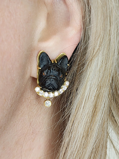 Black Carved French Bulldog Earrings with Diamonds in 18k Yellow Gold