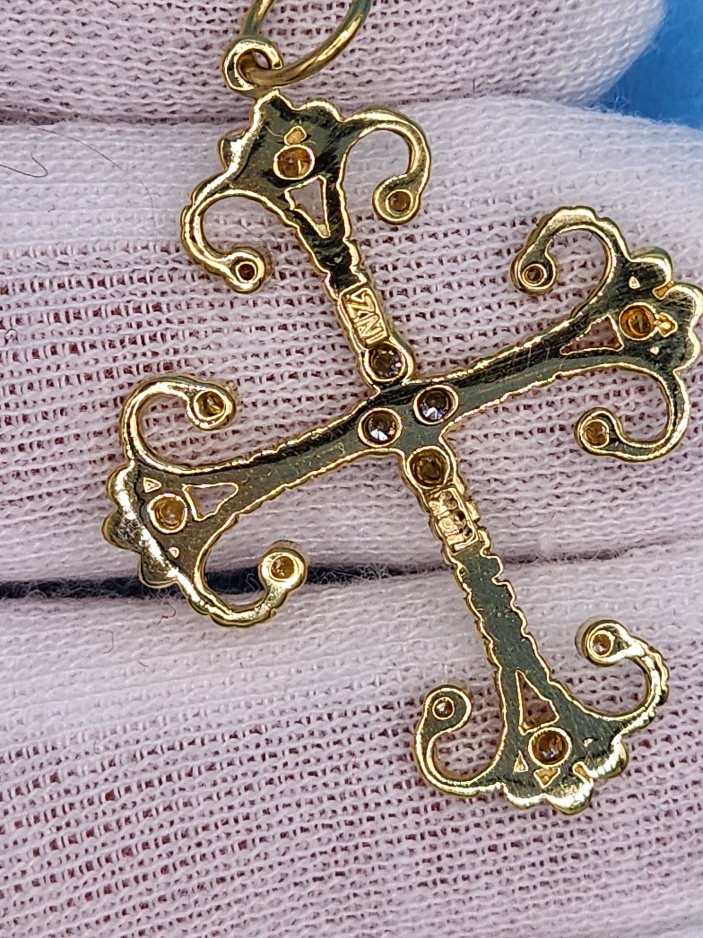 Fleur de Lis Design Cross Pendant with 1/6 ct Bezel Set Diamonds in 18k Yellow Gold