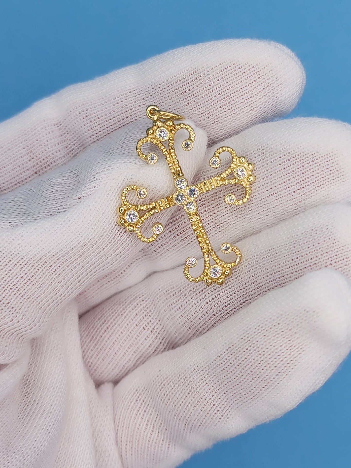 Fleur de Lis Design Cross Pendant with 1/6 ct Bezel Set Diamonds in 18k Yellow Gold