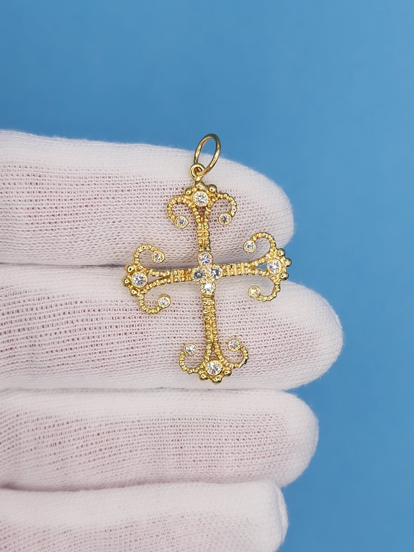 Fleur de Lis Design Cross Pendant with 1/6 ct Bezel Set Diamonds in 18k Yellow Gold