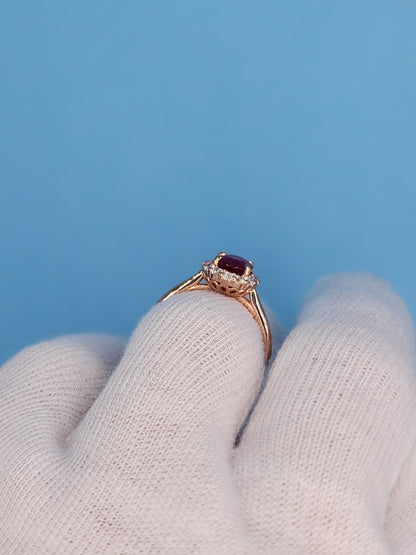 GIA 1.08 ct Ruby and Diamond Halo Ladies Rig in 14k Rose Gold