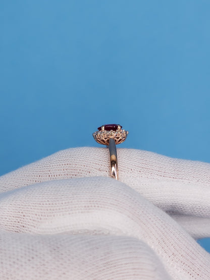 GIA 1.08 ct Ruby and Diamond Halo Ladies Rig in 14k Rose Gold