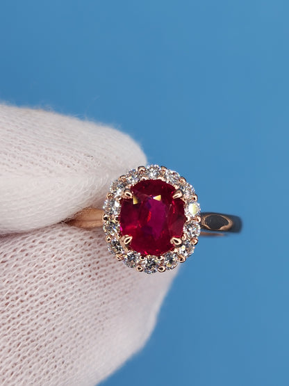 GIA 1.08 ct Ruby and Diamond Halo Ladies Rig in 14k Rose Gold