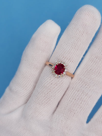 GIA 1.08 ct Ruby and Diamond Halo Ladies Rig in 14k Rose Gold