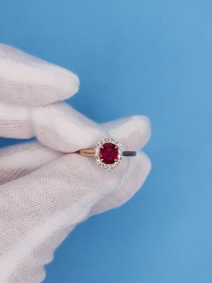 GIA 1.08 ct Ruby and Diamond Halo Ladies Rig in 14k Rose Gold