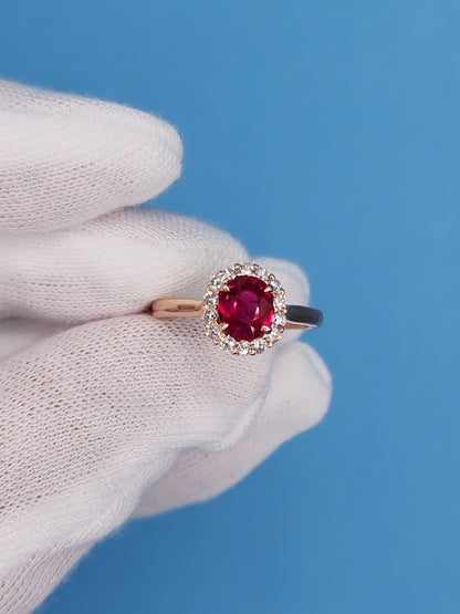 GIA 1.08 ct Ruby and Diamond Halo Ladies Rig in 14k Rose Gold