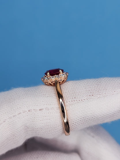 GIA 1.08 ct Ruby and Diamond Halo Ladies Rig in 14k Rose Gold