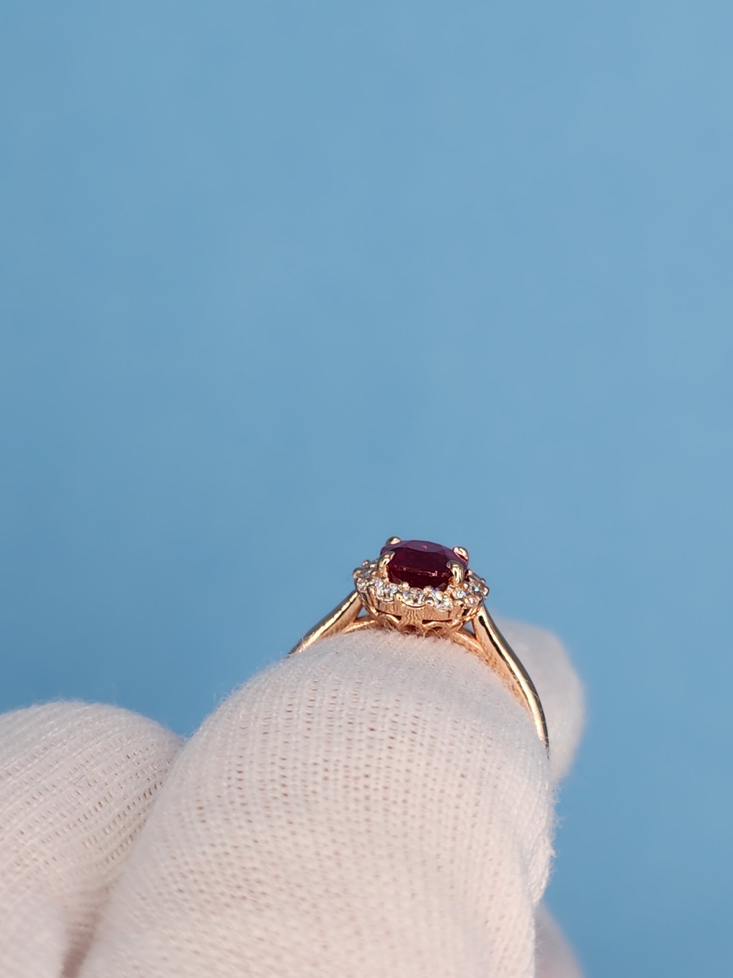 GIA 1.08 ct Ruby and Diamond Halo Ladies Rig in 14k Rose Gold