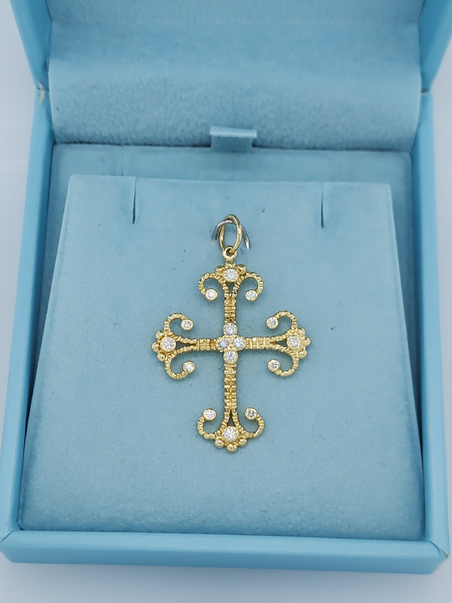Fleur de Lis Design Cross Pendant with 1/6 ct Bezel Set Diamonds in 18k Yellow Gold