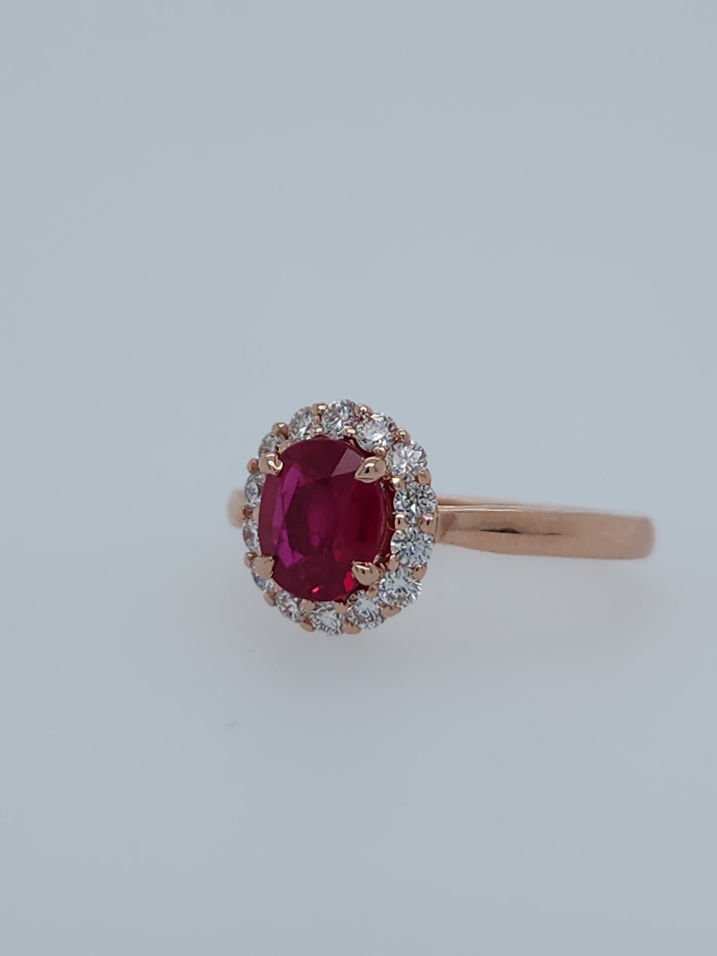 GIA 1.08 ct Ruby and Diamond Halo Ladies Rig in 14k Rose Gold