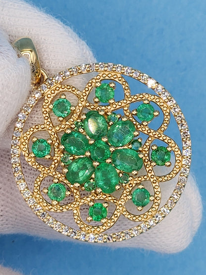 EFFY Emerald and Diamond Round Pendant in 14k Yellow Gold