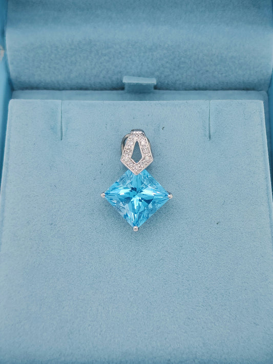 Princess Cut Swiss Blue Topaz and Diamond Pendant in 14k White Gold