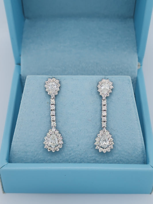 Double Pear Shape Diamond Halo Tear Drop Earrings in 18k White Gold