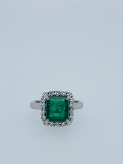 GIA 3.37 ct Natural Emerald and 0.50 ct Halo Diamond Engagement Ring in Platinum