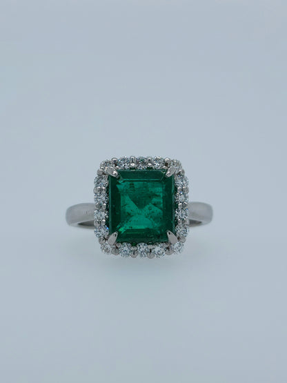 GIA 3.37 ct Natural Emerald and 0.50 ct Halo Diamond Engagement Ring in Platinum