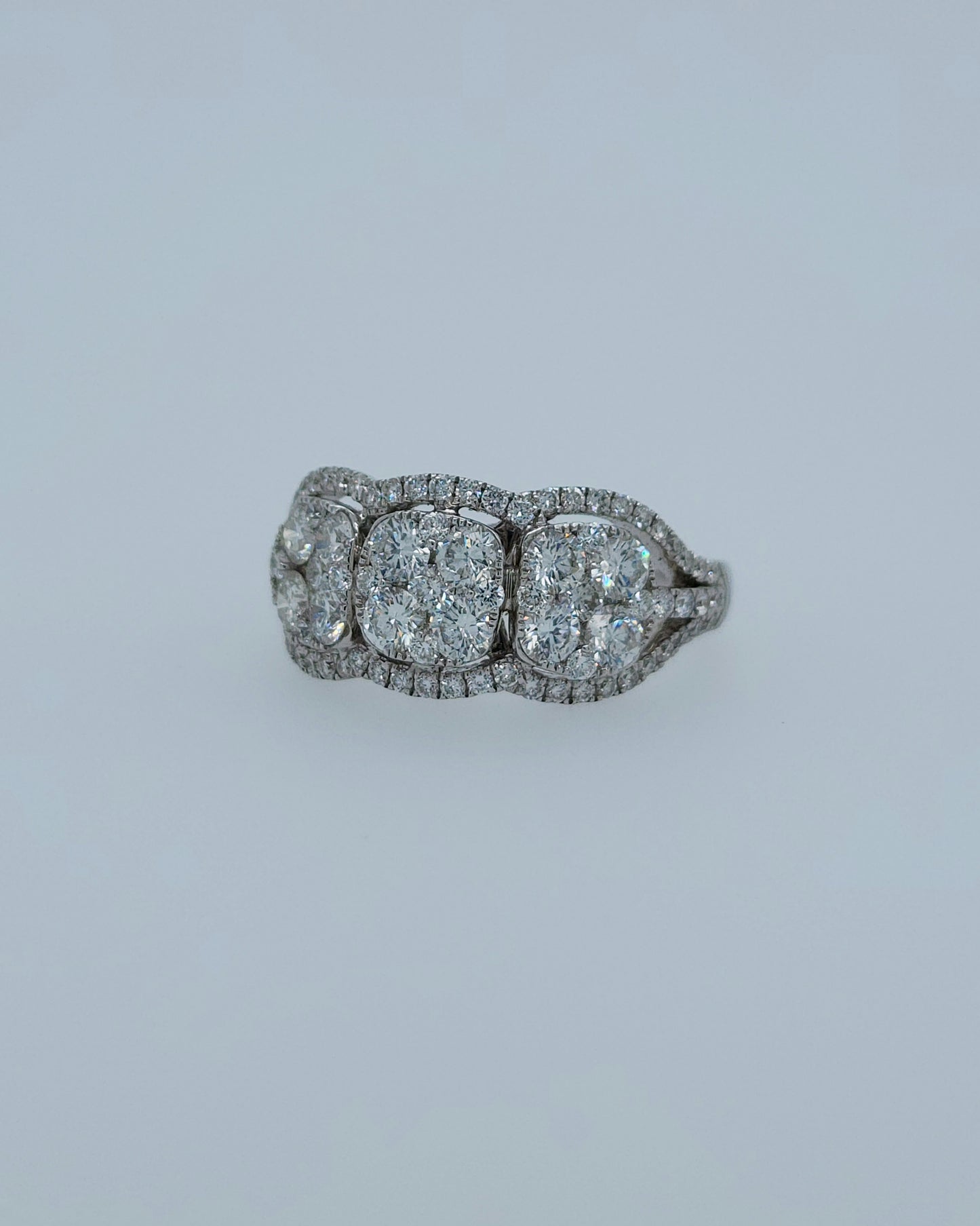 Three Stone Diamond Cushion Cluster Anniversary Ring in 18k White Gold