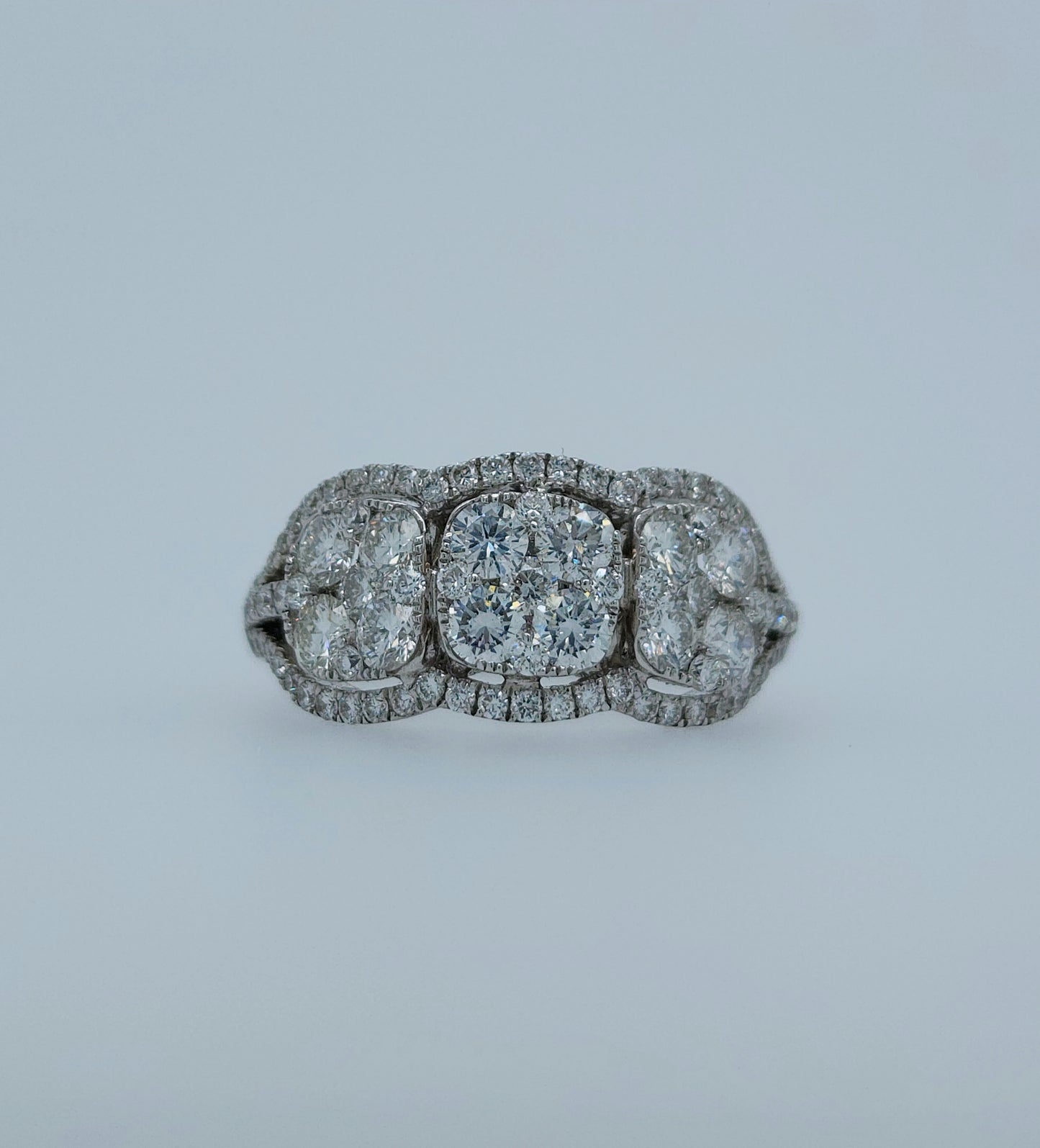 Three Stone Diamond Cushion Cluster Anniversary Ring in 18k White Gold