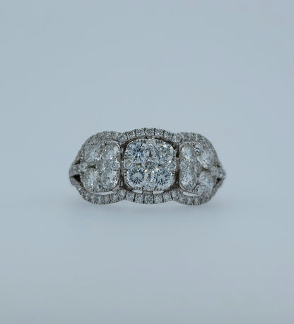 Three Stone Diamond Cushion Cluster Anniversary Ring in 18k White Gold