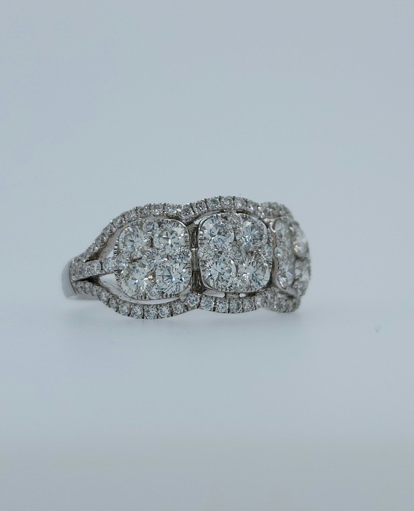 Three Stone Diamond Cushion Cluster Anniversary Ring in 18k White Gold