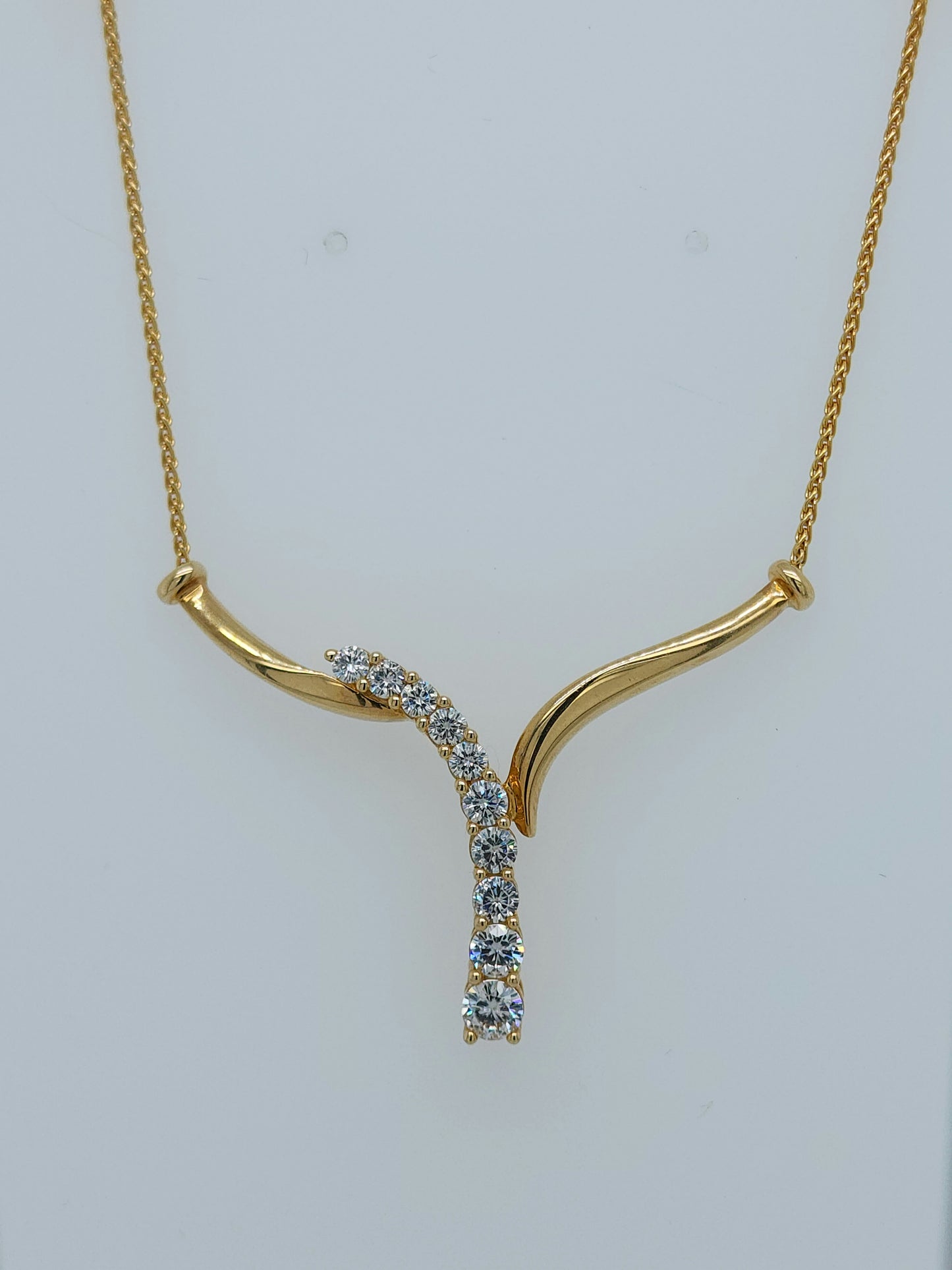 Moissanite Y-shape Lariat Necklace in solid 14k Yellow Gold, 18" long