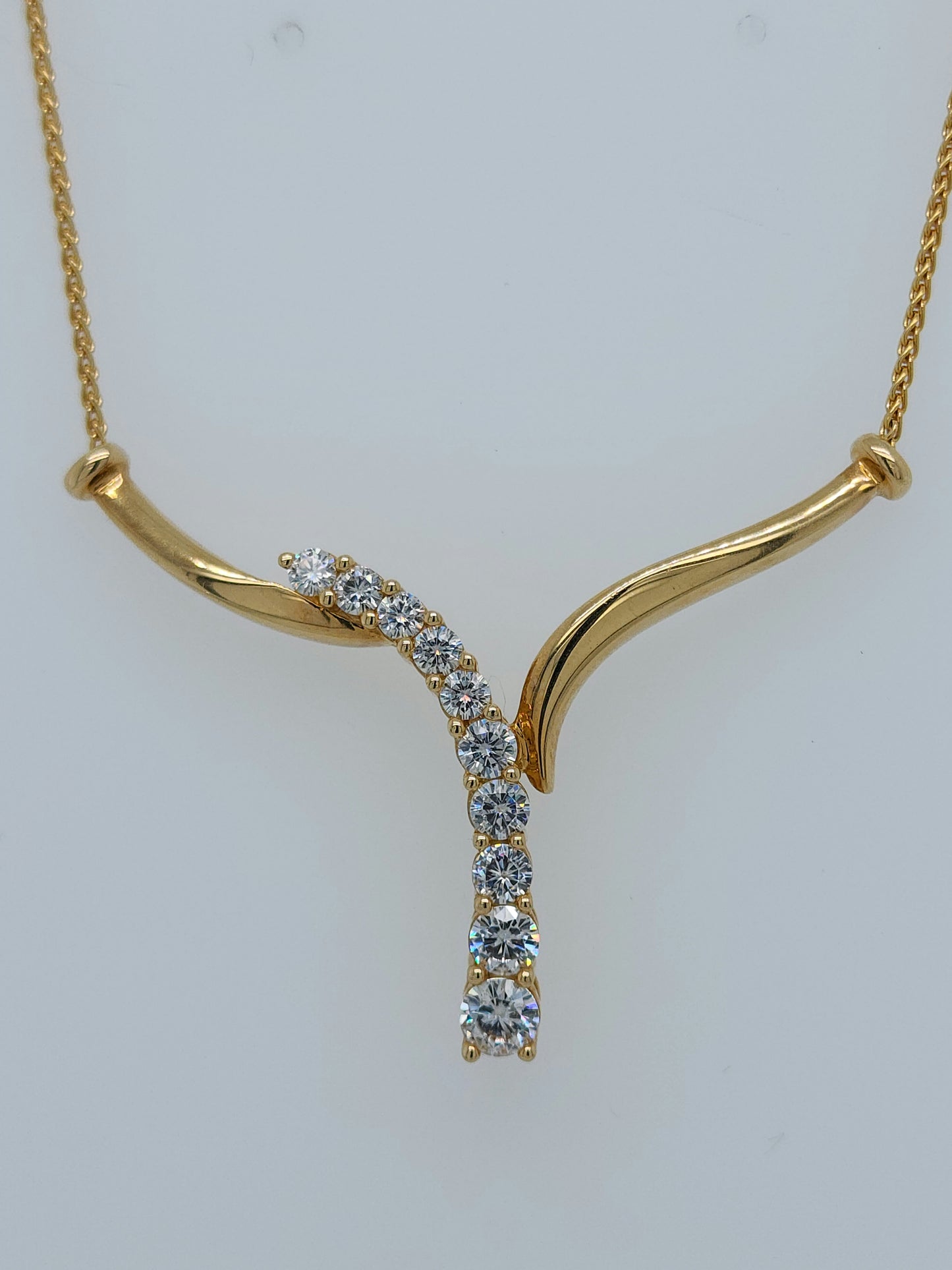 Moissanite Y-shape Lariat Necklace in solid 14k Yellow Gold, 18" long