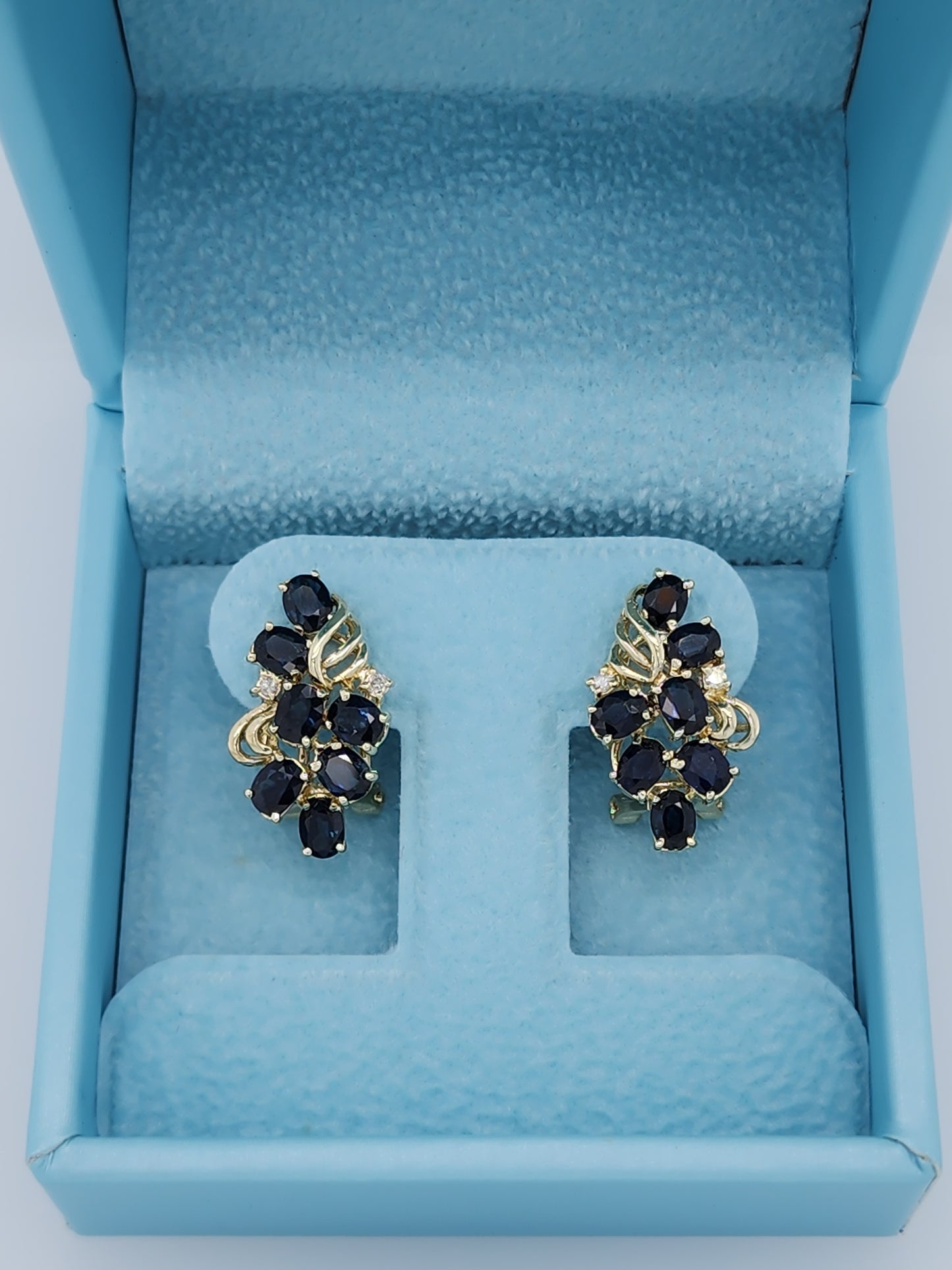 Oval Sapphire and Diamond Cluster Earrings in 14k Yellow Gold