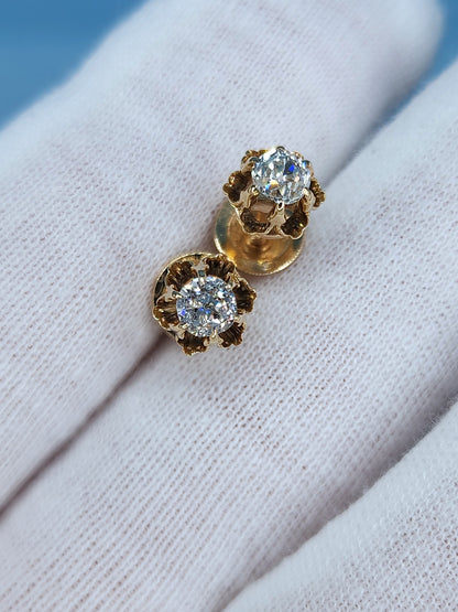 Vintage Flower Motif Stud Earrings with Old Mine Diamonds in 14k Rose Gold