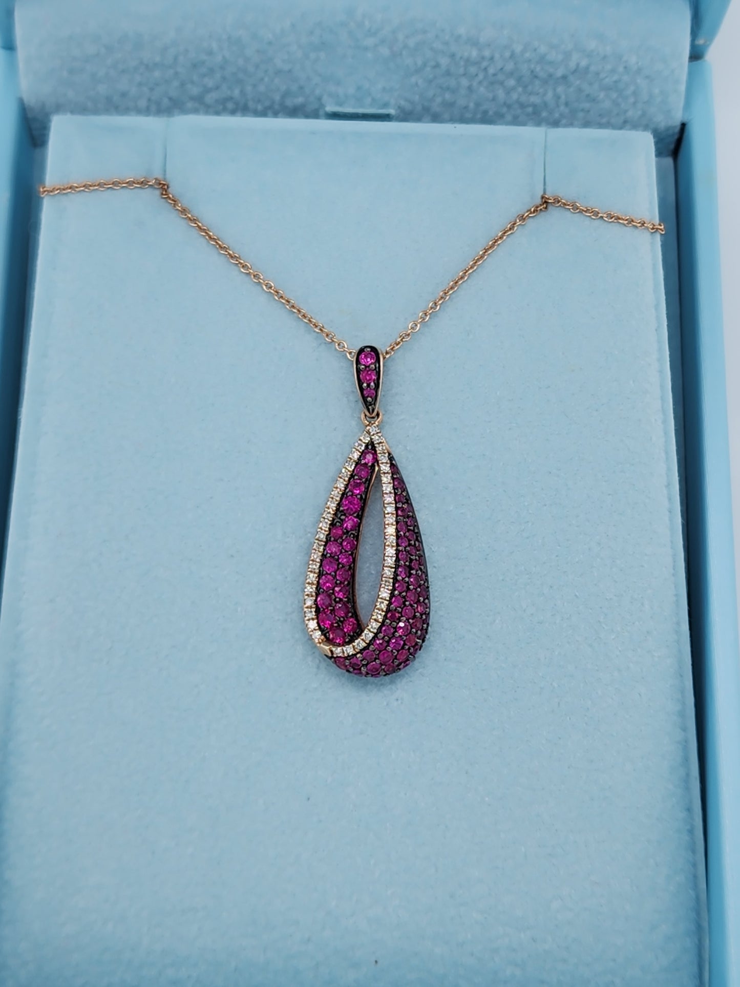 Effy Pave Classica Ruby and Diamond Teardrop Pendant in 14k Rose Gold on 18-Inch Chain