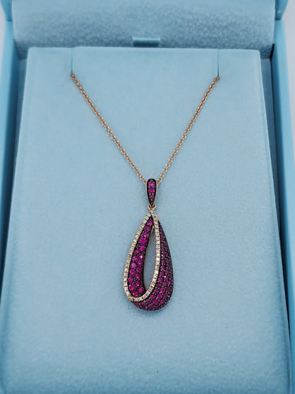 Effy Pave Classica Ruby and Diamond Teardrop Pendant in 14k Rose Gold on 18-Inch Chain