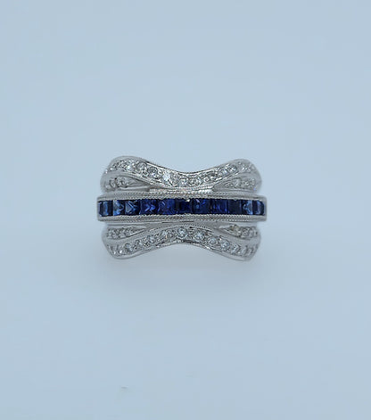 14k White Gold Wide Wave Band Ring with 1.30 Carat Princess Cut Sapphires & 0.50 Carat Round Diamonds